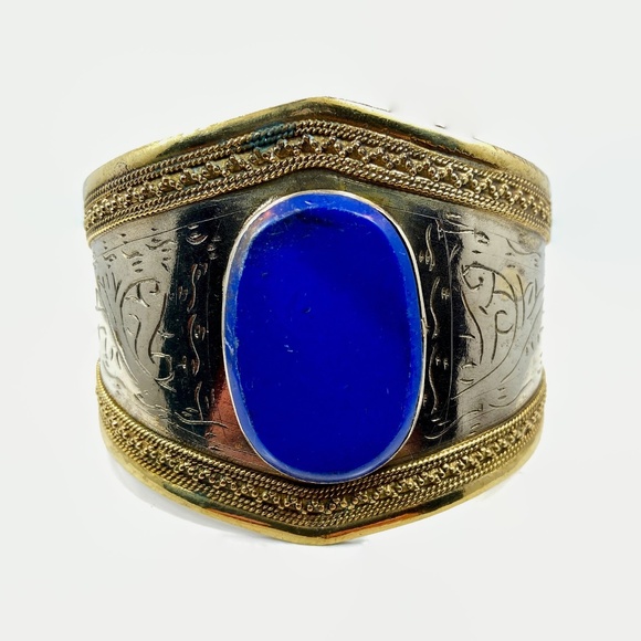 Vintage Lapis Bracelet: Afghan Middle Eastern Silver Brass Mixed Metal Boho #2 - Picture 6 of 6